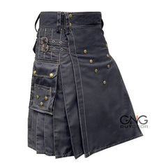 Men's Black Utility Kilt with Contrast Stitching & Studs  28" to 62"