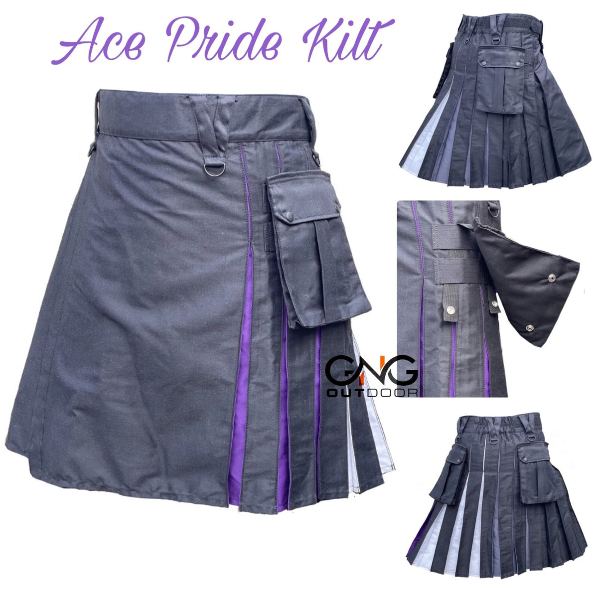 Men's Ace Pride Hybrid Utility Kilt Black with Removable Cargo Pockets  28" to 62"  Option 2: Feature & Ke