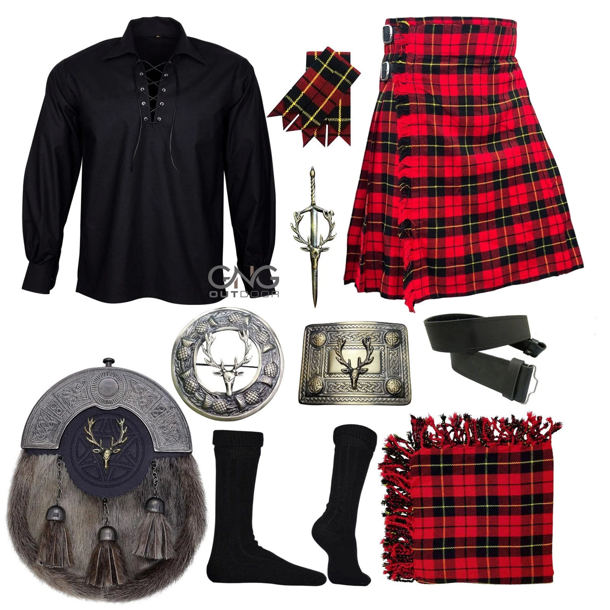 Men's 10-Piece Complete Kilt Outfit | Stag Head Sporran & Tartan Set