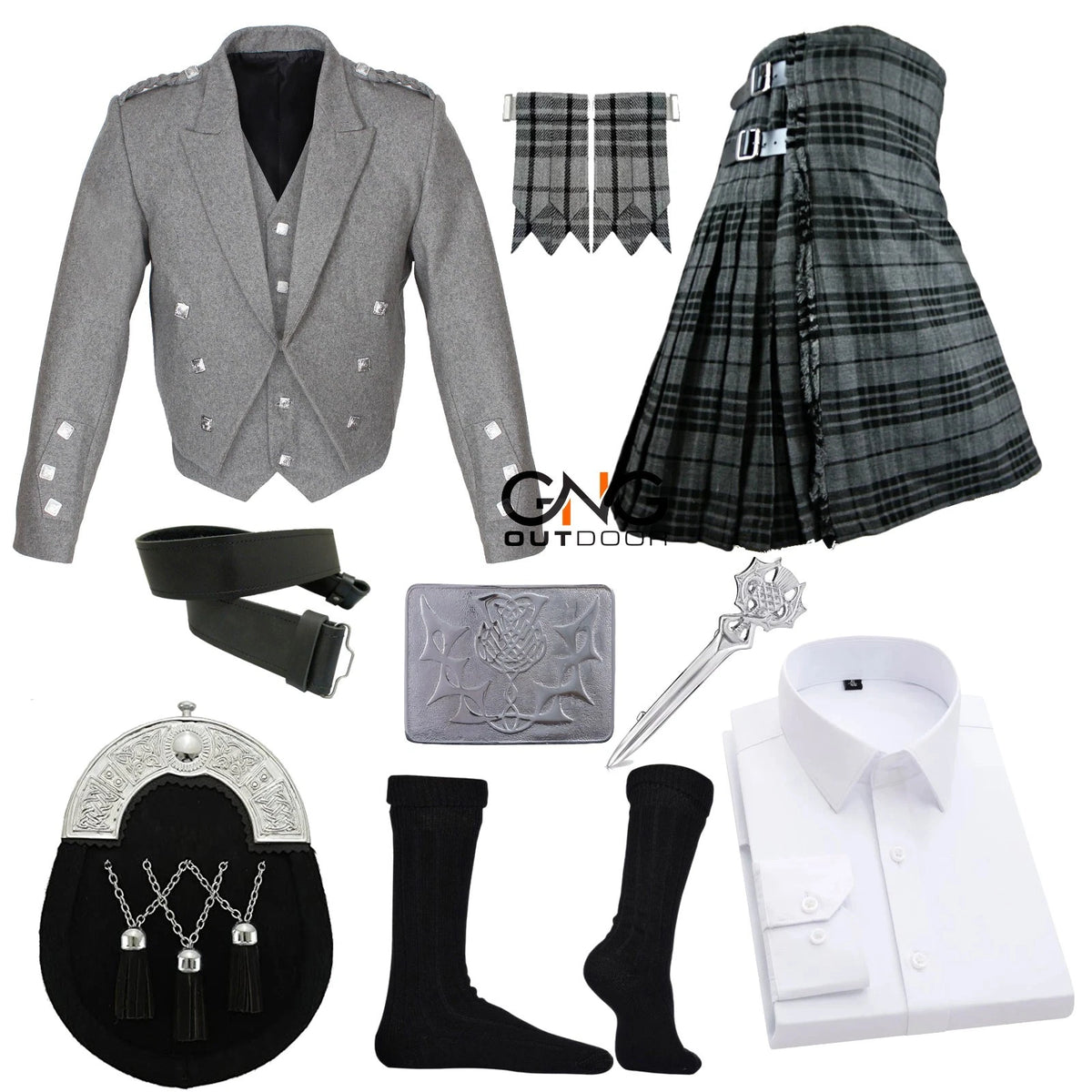 Men's Traditional Scottish Kilt Set | Grey Wool Prince Jacket & Tartan Kilt