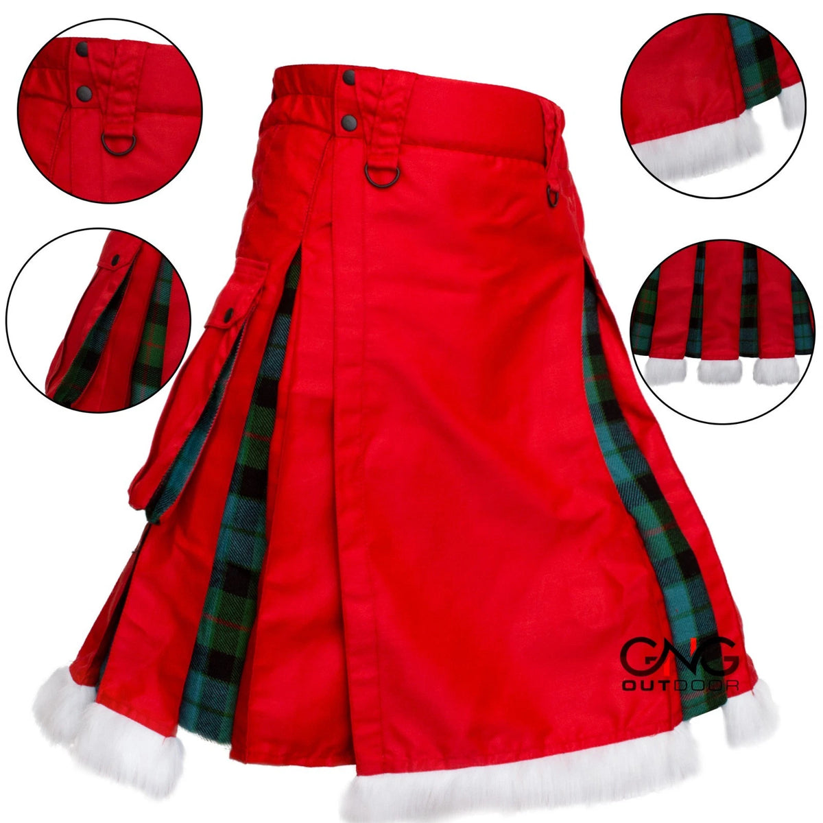 Men's Scottish Christmas Kilt  Red & Tartan Hybrid Utility Kilt with Fur Trim