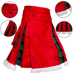 Men's Scottish Christmas Kilt  Red & Tartan Hybrid Utility Kilt with Fur Trim