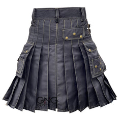 Men's Black Utility Kilt with Contrast Stitching & Studs  28" to 62"