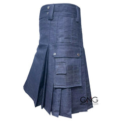 Men's Scottish Blue Denim Utility Kilt  Casual Fashion Cargo Sports Kilt