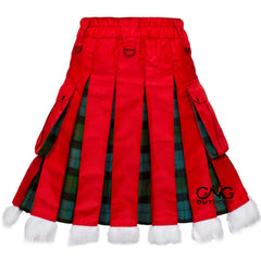 Men's Scottish Christmas Kilt  Red & Tartan Hybrid Utility Kilt with Fur Trim