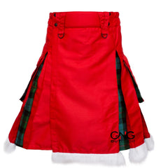 Men's Scottish Christmas Kilt  Red & Tartan Hybrid Utility Kilt with Fur Trim