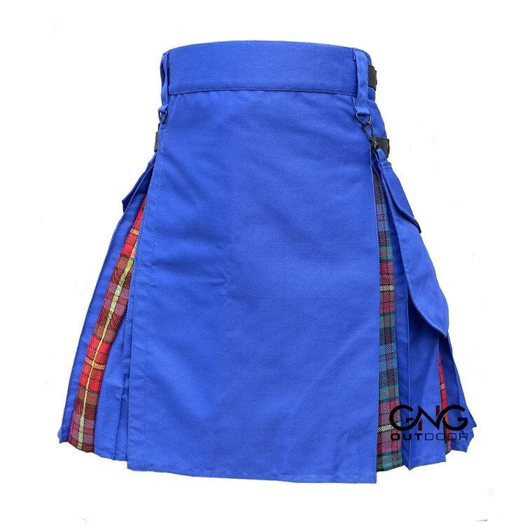Men's Scottish Blue Utility Kilt  Red Tartan Pleated Hybrid Fashion Kilt