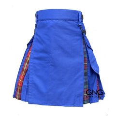 Men's Scottish Blue Utility Kilt  Red Tartan Pleated Hybrid Fashion Kilt