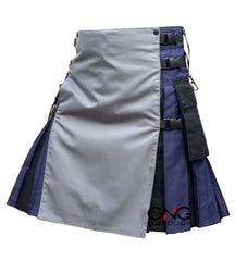 Men's Scottish Utility Kilt Blue with Grey Front Apron – Modern Highland Fashion Kilt