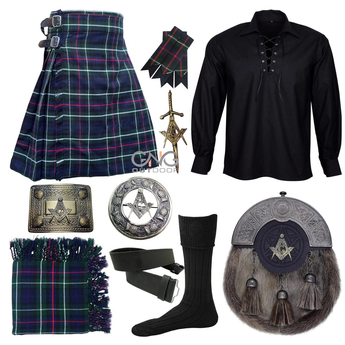 Men's Traditional Scottish 10-Piece Kilt Set | Masonic Sporran Wedding Outfit & Black Ghillie Shirt