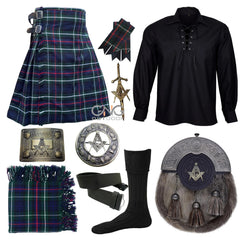 Men's Traditional Scottish 10-Piece Kilt Set | Masonic Sporran Wedding Outfit & Black Ghillie Shirt