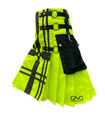 Men's Scottish Lime Green Gothic Utility Kilt | Modern Black Strap & Hardware Design