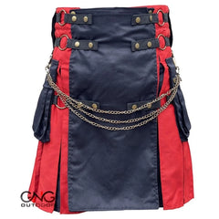 Men's Red & Black Utility Kilt with Chain Details, Cargo Pockets & Adjustable Straps