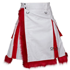Men’s White & Red Fur Utility Kilt – Scottish Christmas-Themed Modern Fashion Kilt