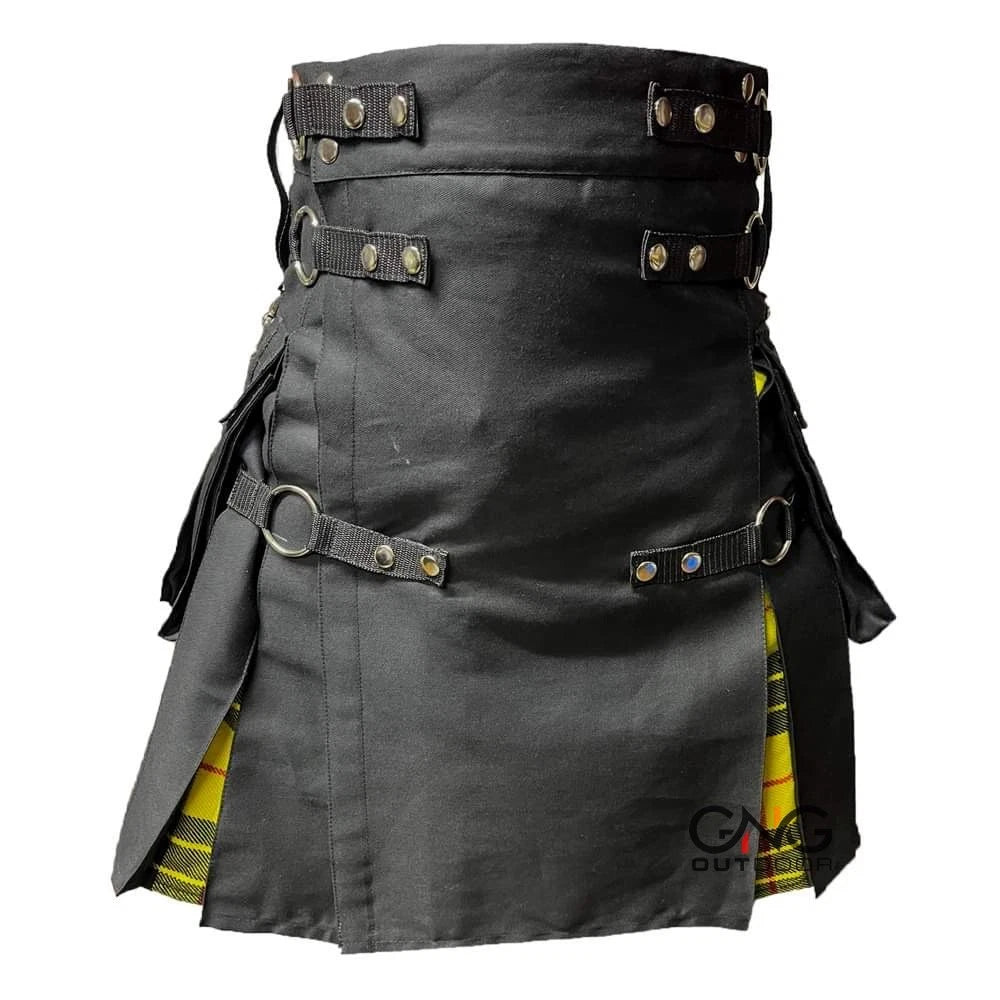 Men's Scottish Gothic Hybrid Utility Kilt | Black with MacLeod of Lewis Yellow Tartan Pleats
