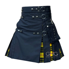 Men's Navy Blue Utility Kilt with Tartan Pleats, Cargo Pockets & Strap Details