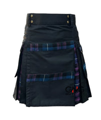 Men’s Black & Tartan Utility Kilt Blue Purple Plaid Accents, Cargo Pockets & Adjustable Straps, Sizes 28–62