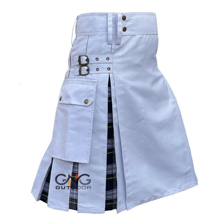 Men’s White Pleated Utility Kilt with Black & Grey Tartan Panels  Modern Highland Fashion Kilt