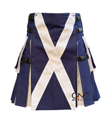 Men's Scottish Blue Utility Kilt White Cross Highland Modern Fashion Kilt