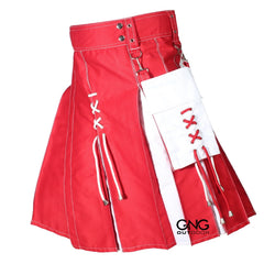Scottish Red & White Lace-Up Utility Kilt  Modern Highland Fashion Kilt for Men