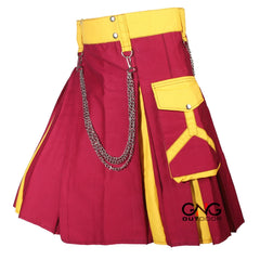 Men’s Maroon & Gold Utility Kilt with Cargo Pockets and Chain Details