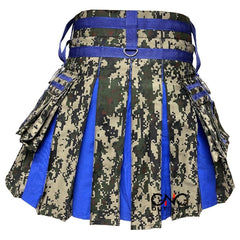 Men's Scottish Camo Cotton Utility Kilt | Blue Pleated Tactical Hybrid