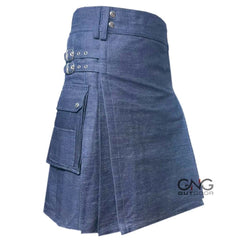 Men's Scottish Blue Denim Utility Kilt  Casual Fashion Cargo Sports Kilt