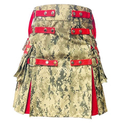 Men's Scottish Desert Camo Cotton Utility Kilt  Red Pleated Tactical Hybrid