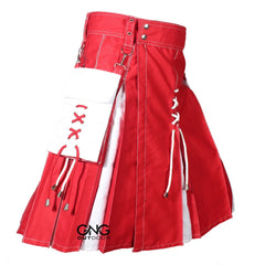 Scottish Red & White Lace-Up Utility Kilt  Modern Highland Fashion Kilt for Men