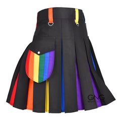 Men's Rainbow Pride Hybrid Utility Kilt | Black with Colorful Pleats | 28" to 62"