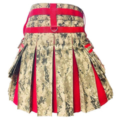 Men's Scottish Desert Camo Cotton Utility Kilt  Red Pleated Tactical Hybrid