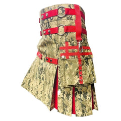 Men's Scottish Desert Camo Cotton Utility Kilt  Red Pleated Tactical Hybrid