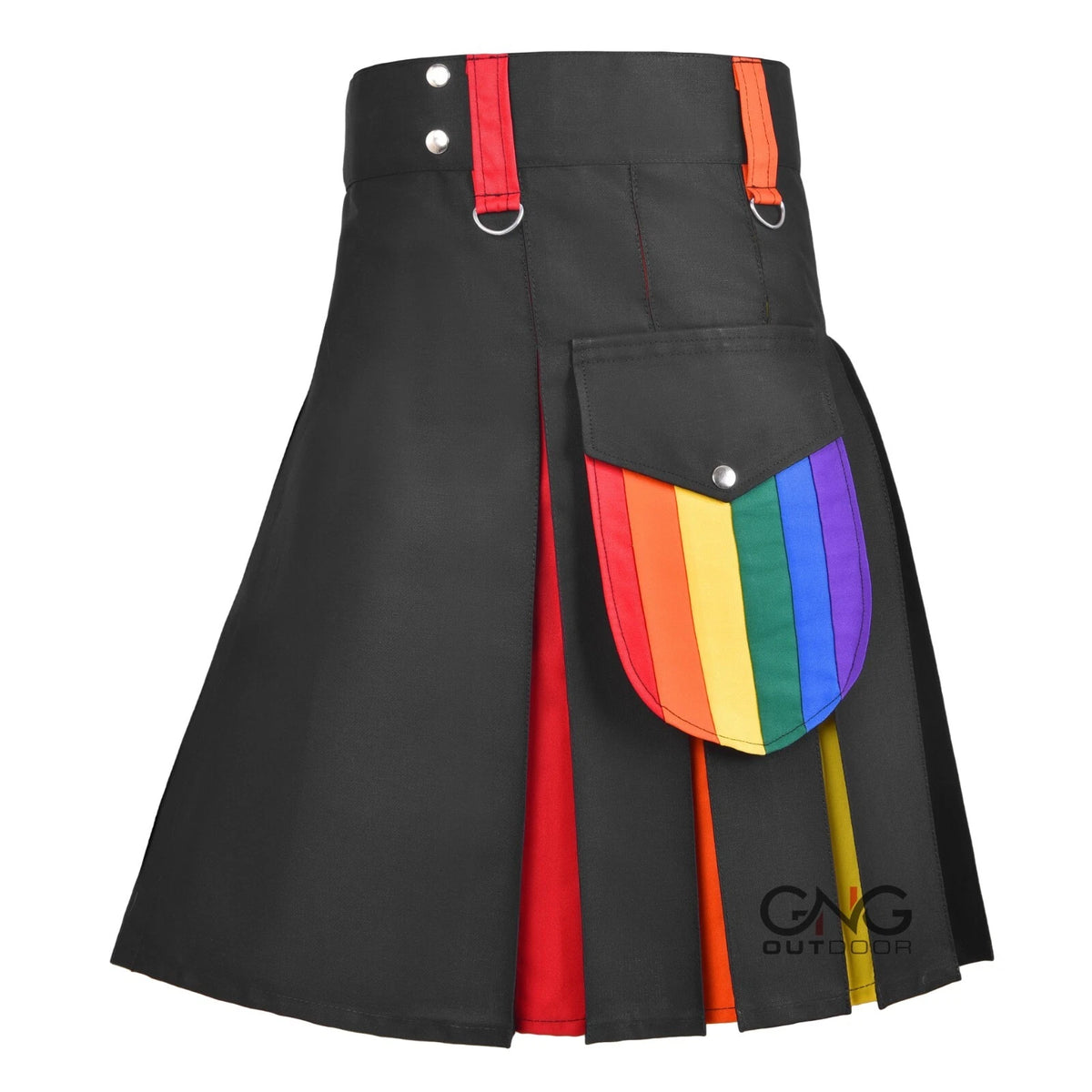 Men's Rainbow Pride Hybrid Utility Kilt | Black with Colorful Pleats | 28" to 62"