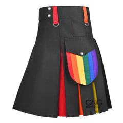 Men's Rainbow Pride Hybrid Utility Kilt | Black with Colorful Pleats | 28" to 62"