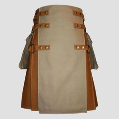Men's Two-Tone Cotton Utility Kilt Khaki Apron & Brown Pleats