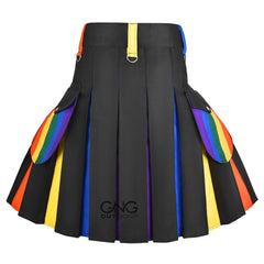 Men's Rainbow Pride Hybrid Utility Kilt | Black with Colorful Pleats | 28" to 62"