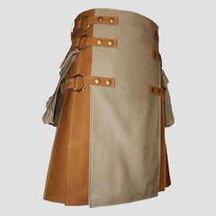 Men's Two-Tone Cotton Utility Kilt Khaki Apron & Brown Pleats