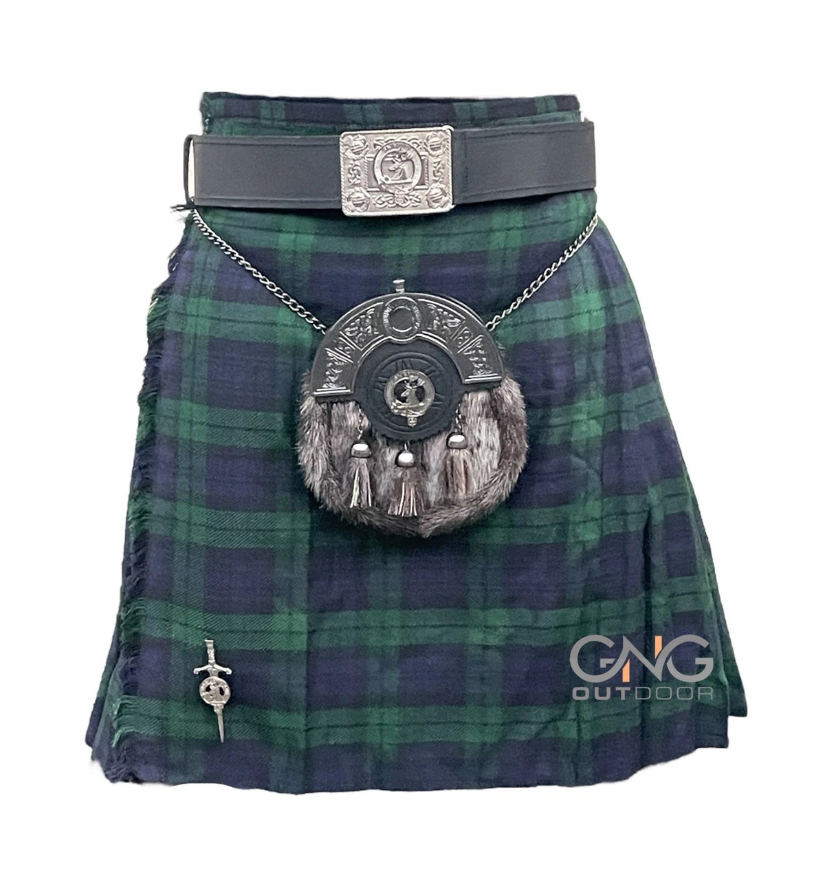 Men's Traditional Scottish 5-Yard Kilt Set | Black Watch Tartan Stag Head Formal Outfit