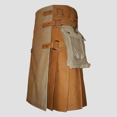 Men's Two-Tone Cotton Utility Kilt Khaki Apron & Brown Pleats