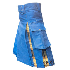 Men's Scottish Sky Blue Denim-Style Utility Kilt Tartan Pleated Hybrid