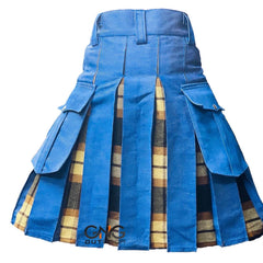 Men's Scottish Sky Blue Denim-Style Utility Kilt Tartan Pleated Hybrid