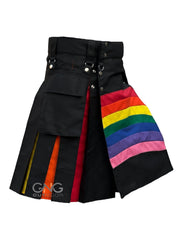 Men’s Black Utility Kilt with Multicolor Rainbow Apron  Modern Hybrid Festival & Fashion Kilt, Sizes 28–62