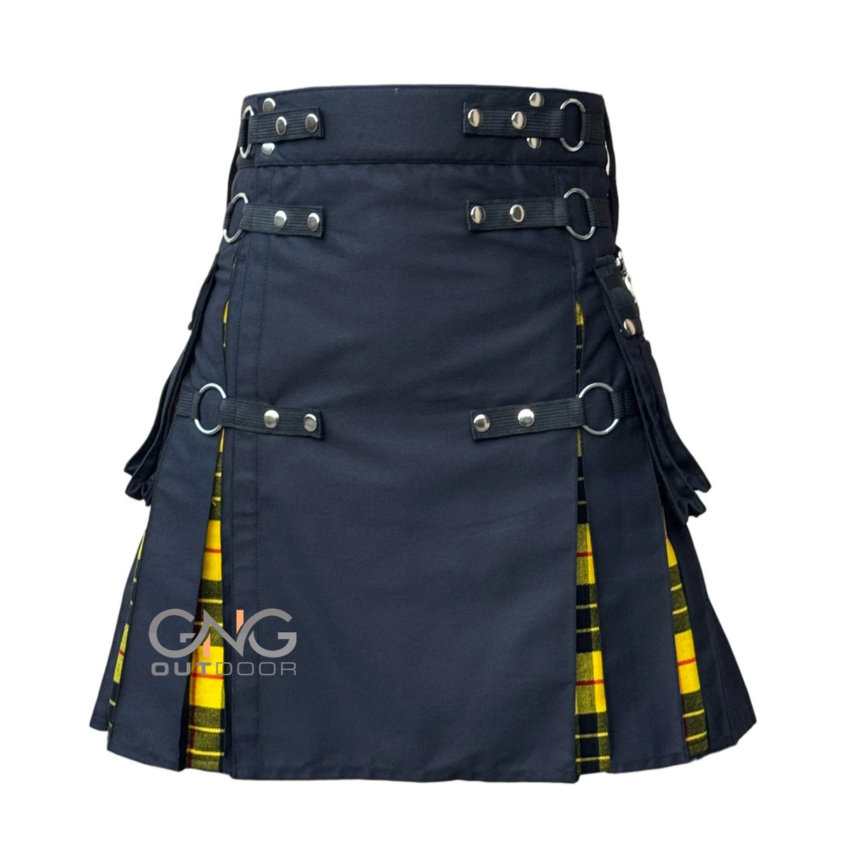 Men's Navy Blue Utility Kilt with Tartan Pleats, Cargo Pockets & Strap Details
