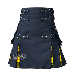 Men's Navy Blue Utility Kilt with Tartan Pleats, Cargo Pockets & Strap Details