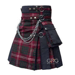 Men's Scottish Crawford Tartan Front Apron Utility Kilt  Black Gothic Chain Hybrid