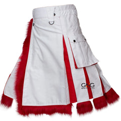 Men’s White & Red Fur Utility Kilt – Scottish Christmas-Themed Modern Fashion Kilt