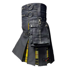 Men's Scottish Gothic Hybrid Utility Kilt | Black with MacLeod of Lewis Yellow Tartan Pleats