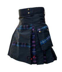 Men’s Black & Tartan Utility Kilt Blue Purple Plaid Accents, Cargo Pockets & Adjustable Straps, Sizes 28–62