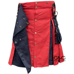 Men's Red & Black Utility Kilt with Chain Details, Cargo Pockets & Adjustable Straps