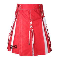 Scottish Red & White Lace-Up Utility Kilt  Modern Highland Fashion Kilt for Men